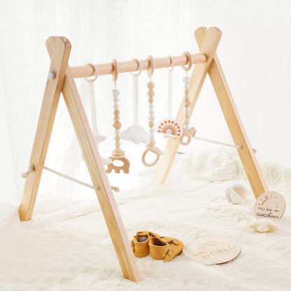 Wooden Baby Play Gym Frame with Six Hanging Toys – Natural Wood