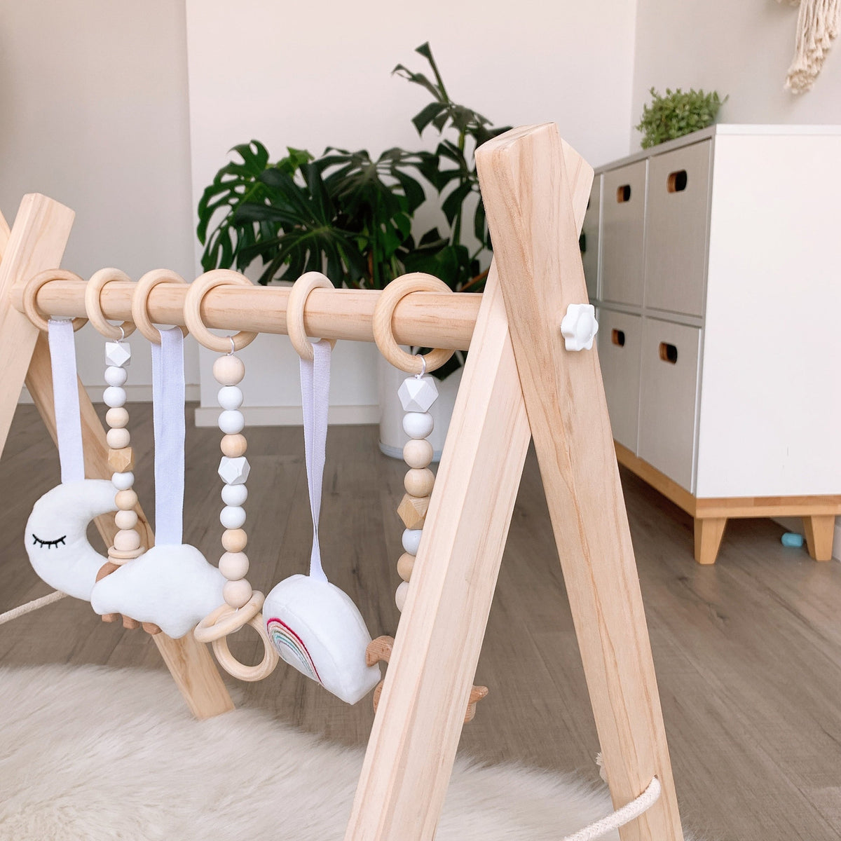 Wooden Baby Play Gym Frame with Six Hanging Toys – Natural Wood