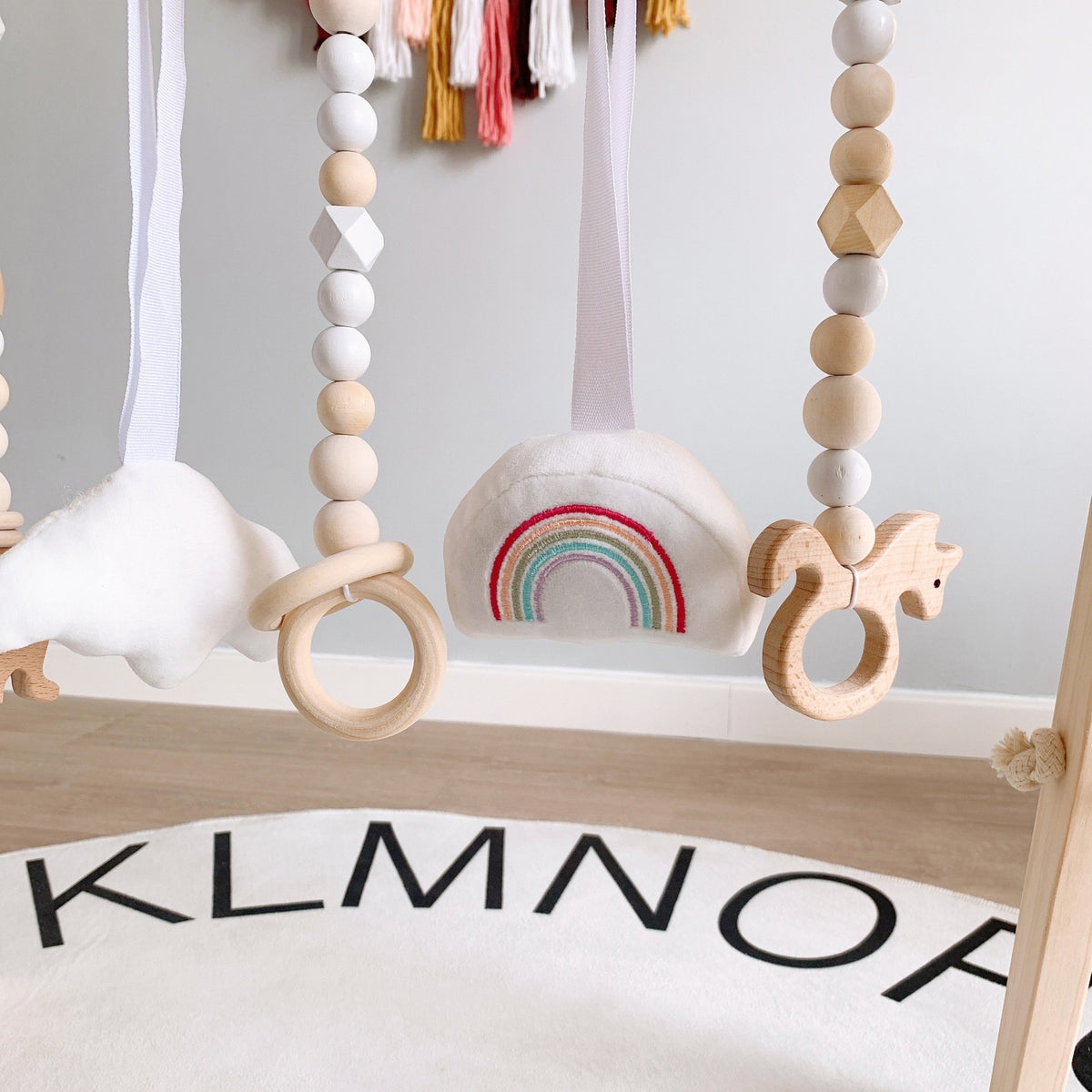 Wooden Baby Play Gym Frame with Six Hanging Toys – Natural Wood