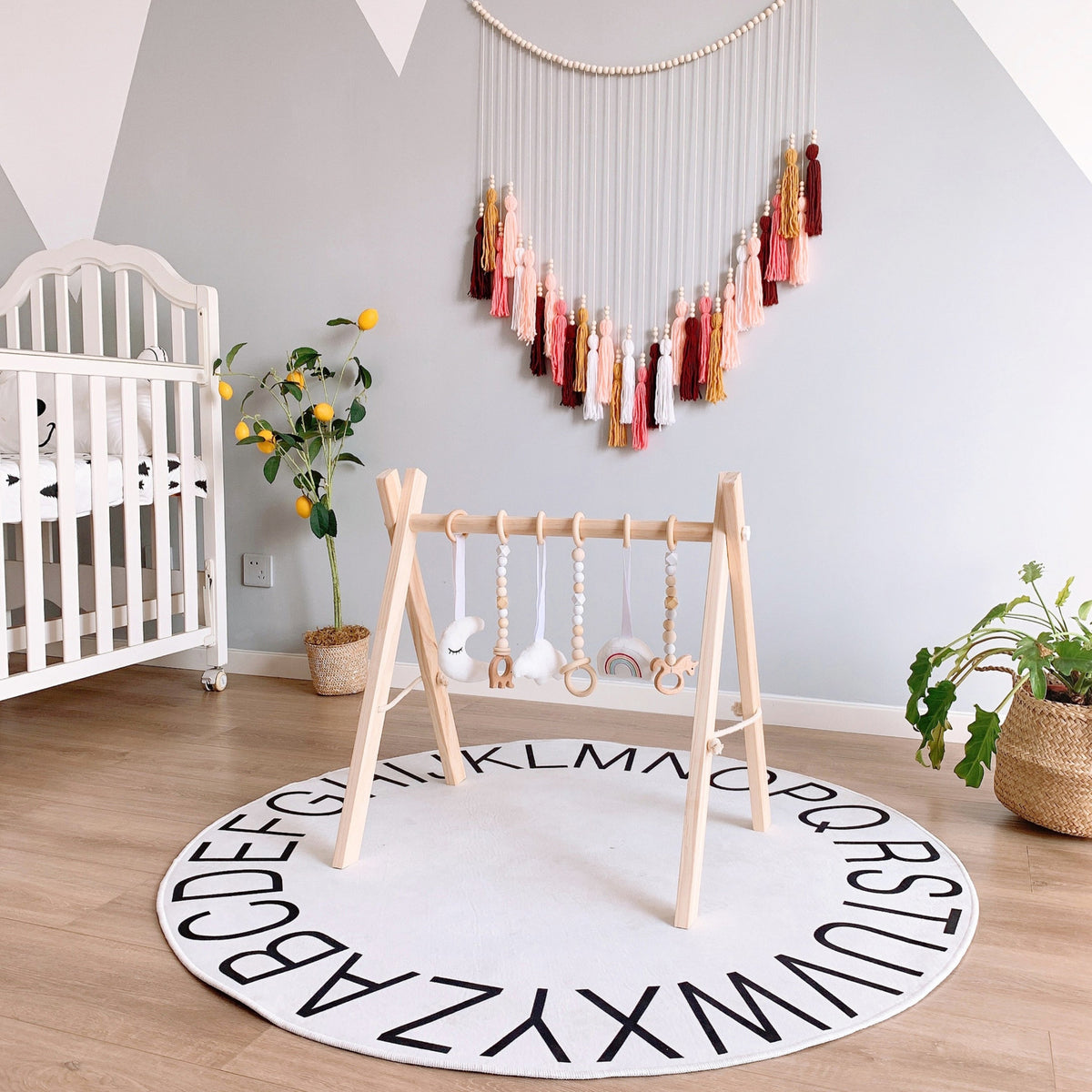 Wooden Baby Play Gym Frame with Six Hanging Toys – Natural Wood