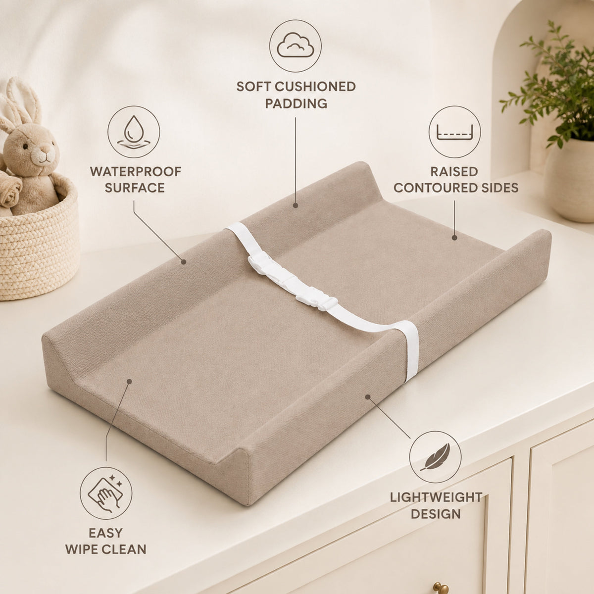 Contoured Baby Changing Pad with Raised Sides, Khaki