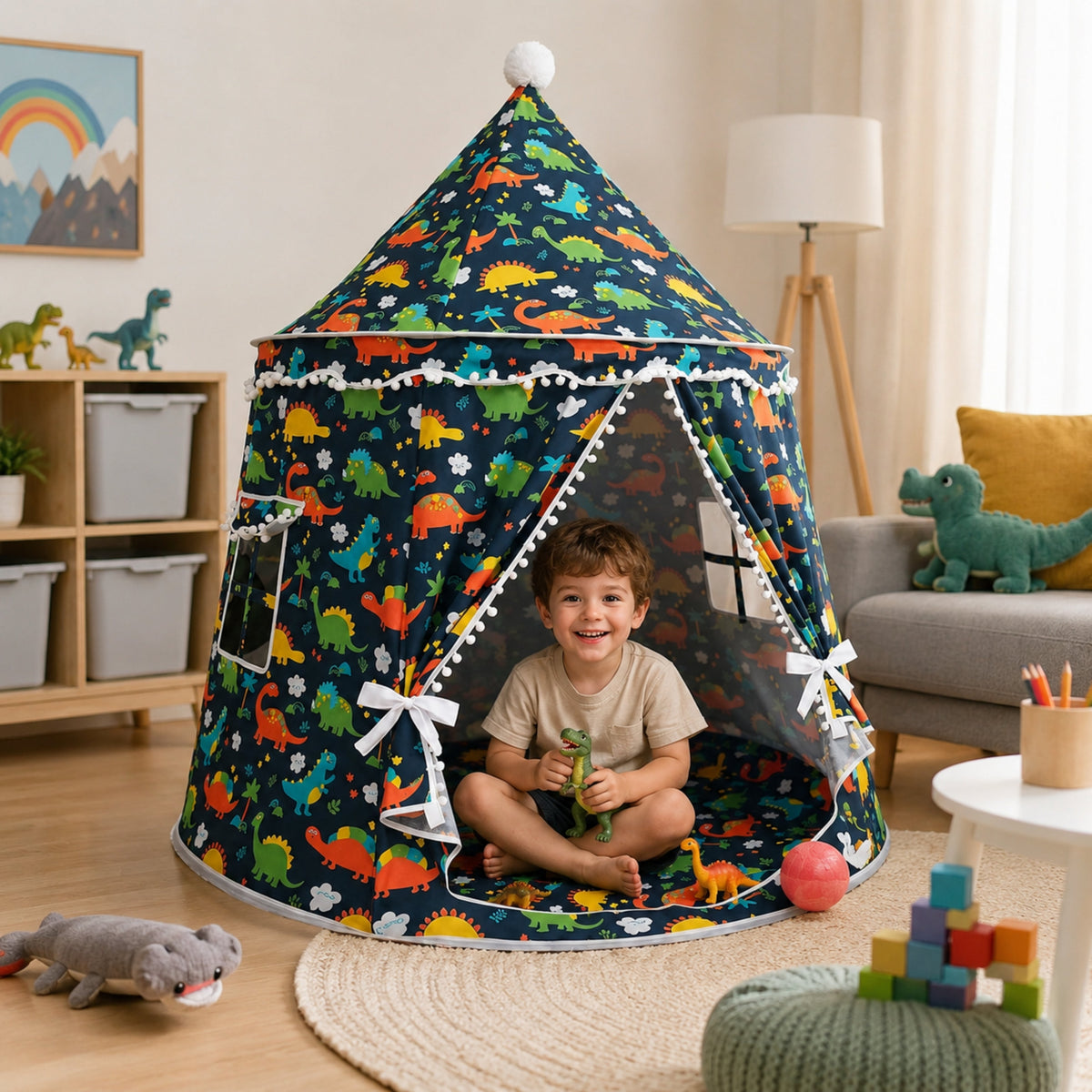 Kids Indoor Teepee Play Tent with Dinosaur Print, Black