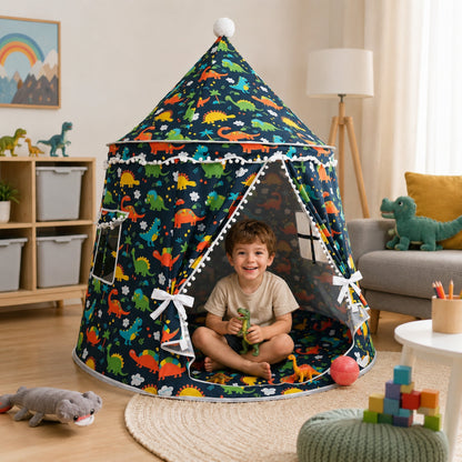 Kids Indoor Teepee Play Tent with Dinosaur Print, Black