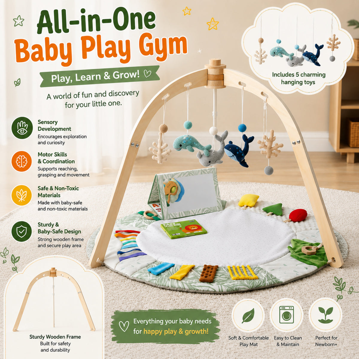 Ocean Baby Play Gym with Wooden Arches and Sensory Activity Mat