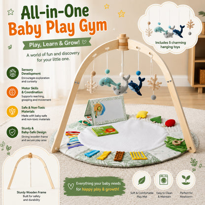 Ocean Baby Play Gym with Wooden Arches and Sensory Activity Mat