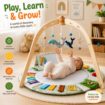 Ocean Baby Play Gym with Wooden Arches and Sensory Activity Mat