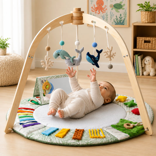 Ocean Baby Play Gym with Wooden Arches and Sensory Activity Mat