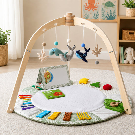 Ocean Baby Play Gym with Wooden Arches and Sensory Activity Mat