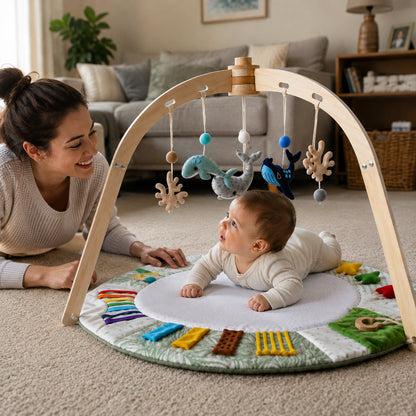 Ocean Baby Play Gym with Wooden Arches and Sensory Activity Mat