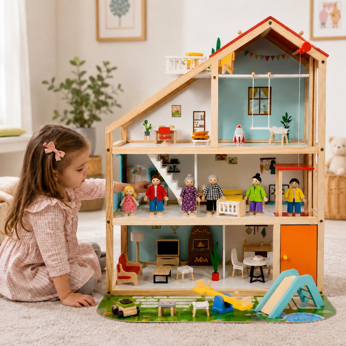 Three-Story Wooden Dollhouse with Dolls and 31-Piece Furniture Set, Pink and Gray