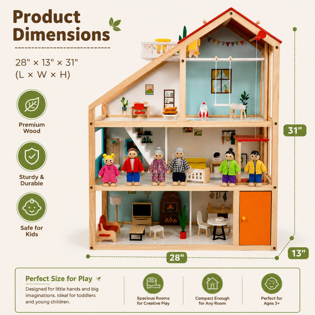 Three-Story Wooden Dollhouse with Dolls and 31-Piece Furniture Set, Pink and Gray