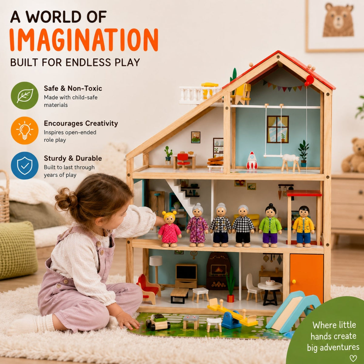 Three-Story Wooden Dollhouse with Dolls and 31-Piece Furniture Set, Pink and Gray