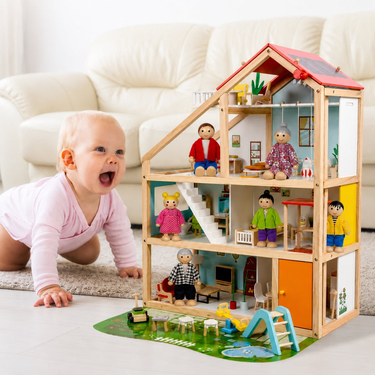 Three-Story Wooden Dollhouse with Dolls and 31-Piece Furniture Set, Pink and Gray
