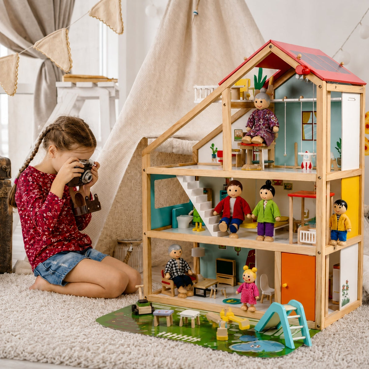 Three-Story Wooden Dollhouse with Dolls and 31-Piece Furniture Set, Pink and Gray