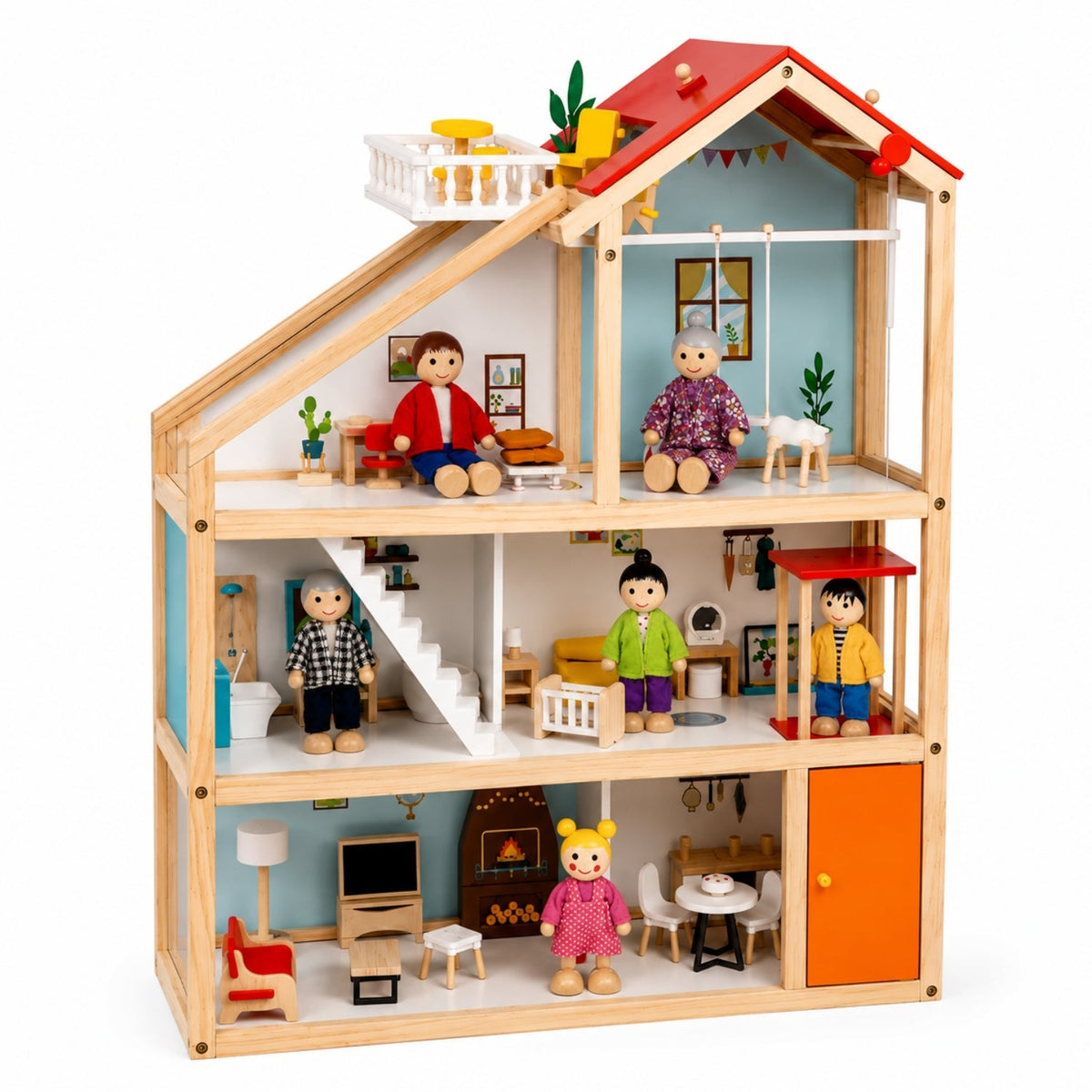 Three-Story Wooden Dollhouse with Dolls and 31-Piece Furniture Set, Pink and Gray