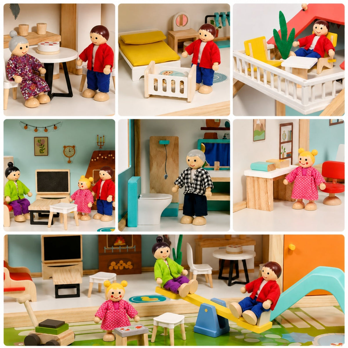 Three-Story Wooden Dollhouse with Dolls and 31-Piece Furniture Set, Pink and Gray