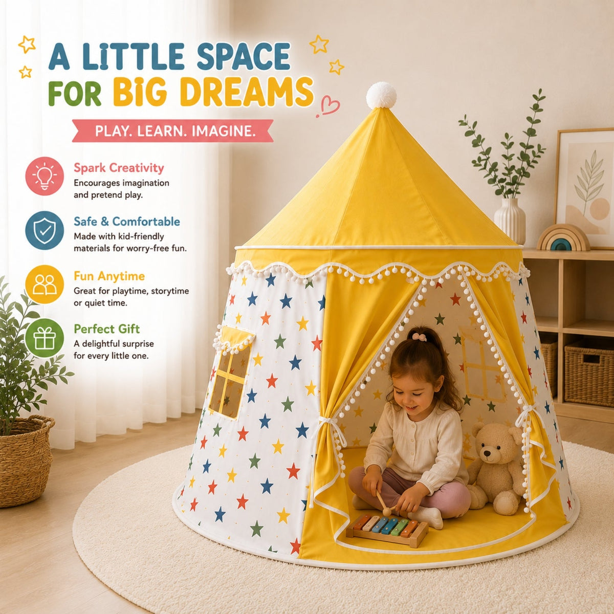 Kids Indoor Play Tent with Star Pattern, Yellow