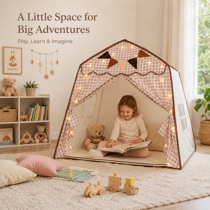 Kids Canopy Play Tent with Fibreglass Rods, Beige Gingham