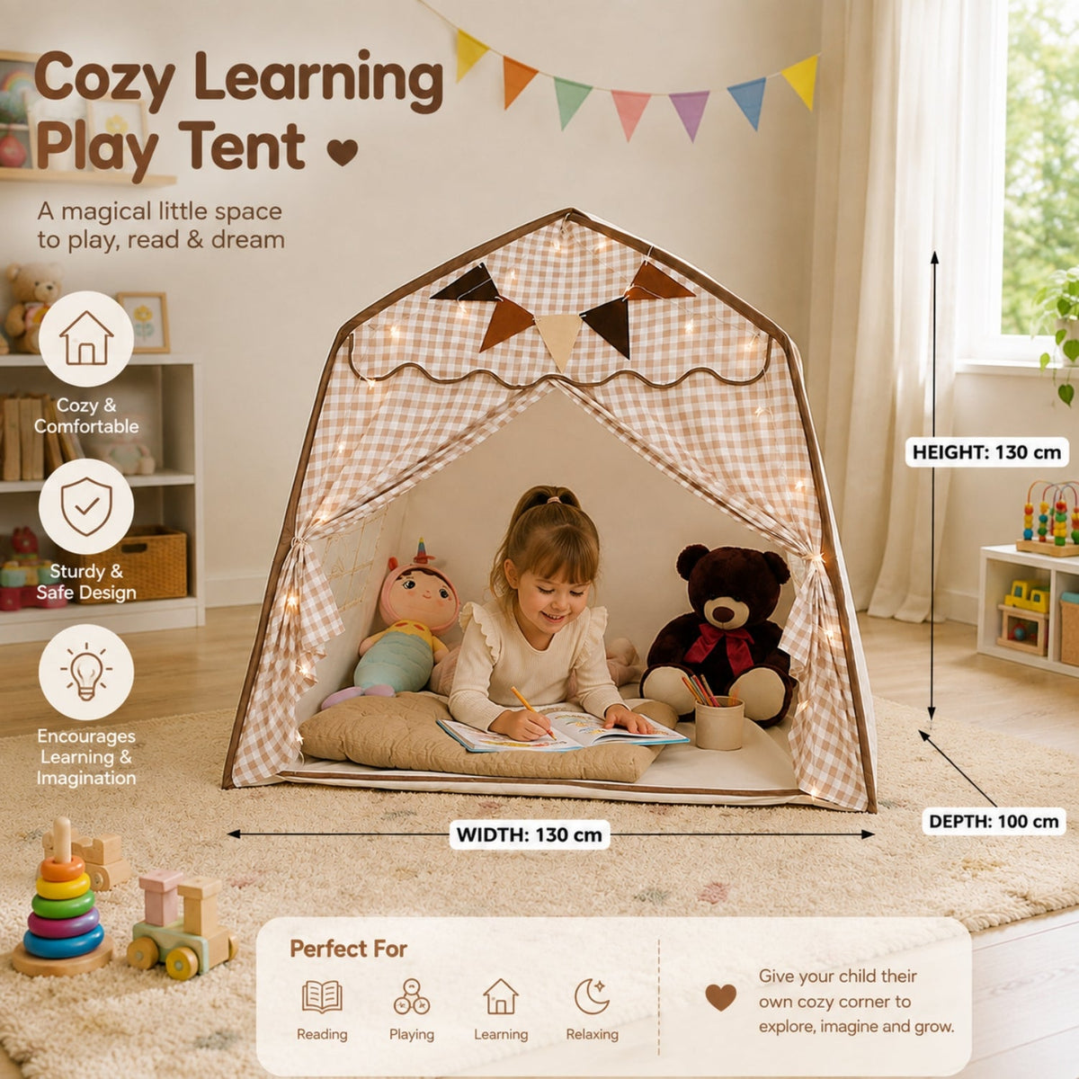Kids Canopy Play Tent with Fibreglass Rods, Beige Gingham
