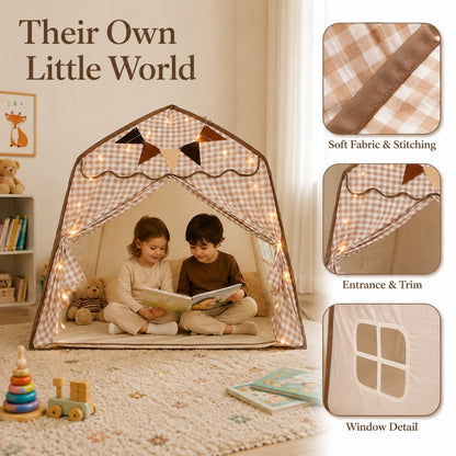 Kids Canopy Play Tent with Fibreglass Rods, Beige Gingham