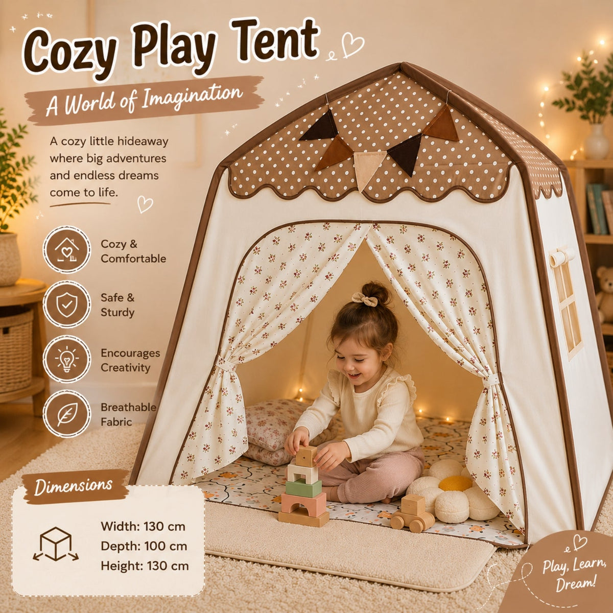 Kids Canopy Play Tent with Fibreglass Rods, Brown Polka Dot