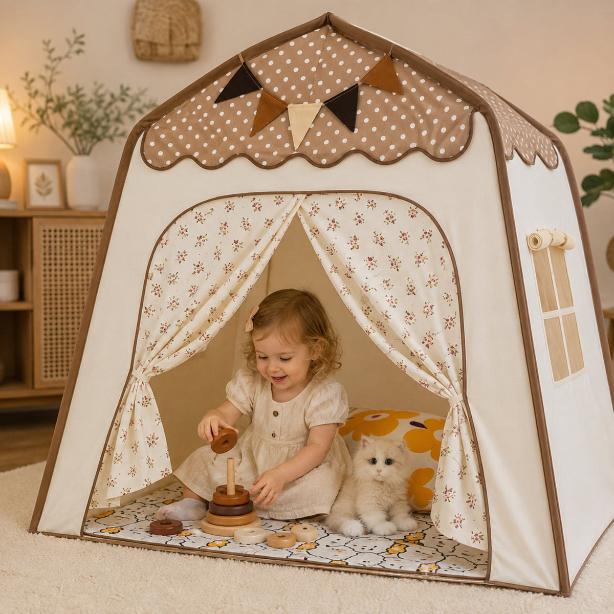 Kids Canopy Play Tent with Fibreglass Rods, Brown Polka Dot