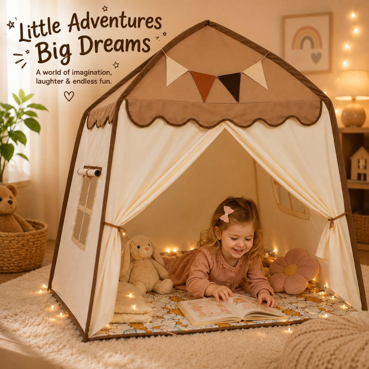 Kids Canopy Play Tent with Fibreglass Rods, Brown Canopy
