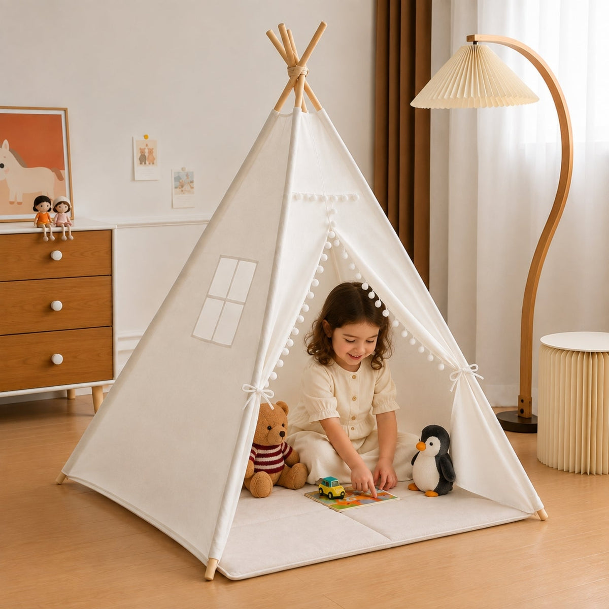 Classic Kids Teepee Play Tent with Wooden Poles and Optional Mat
