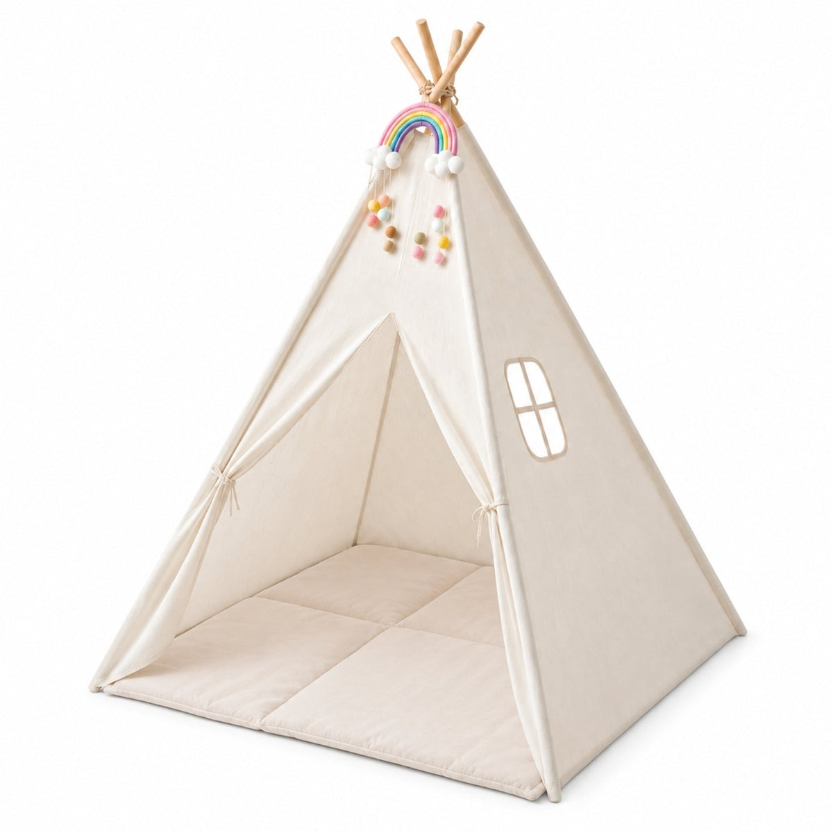 Cotton Canvas Kids Teepee Play Tent with Padded Mat, Cream White