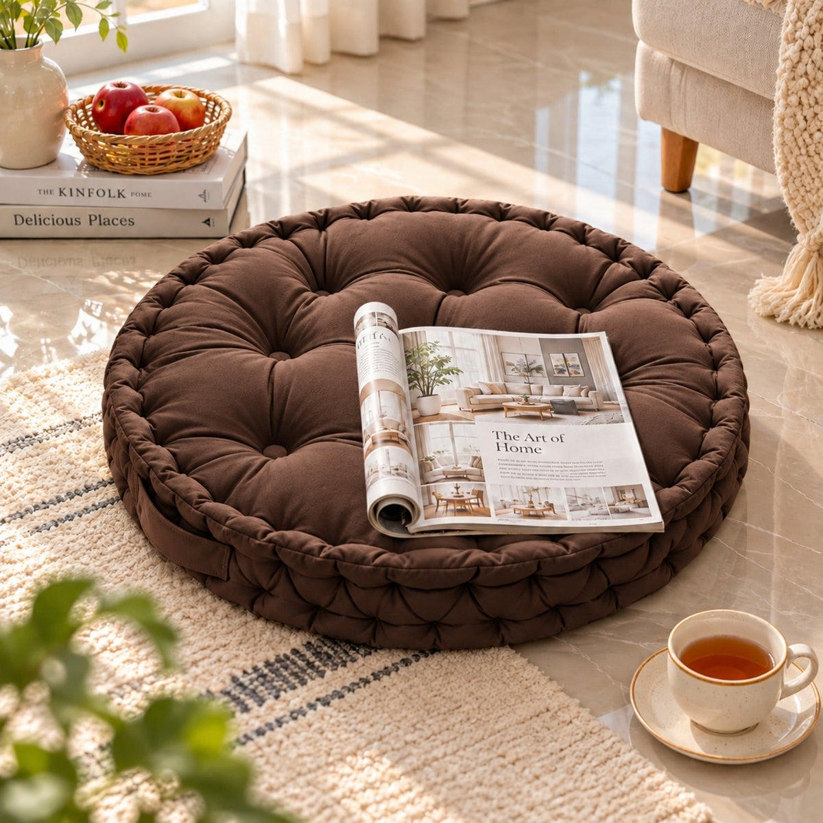 Kids Floor Cushion with Carry Handle – Plush Fabric, 60 cm, Brown