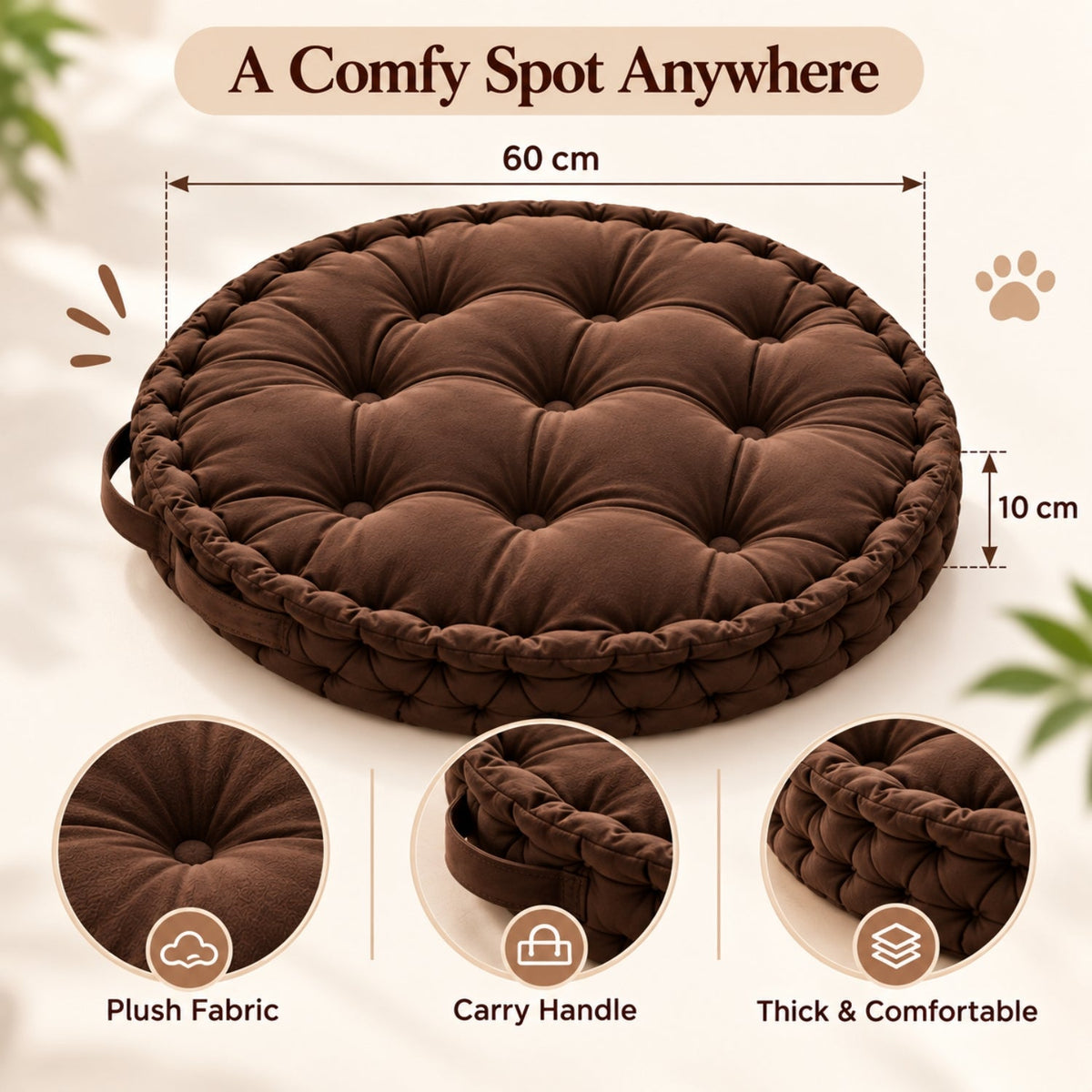 Kids Floor Cushion with Carry Handle – Plush Fabric, 60 cm, Brown