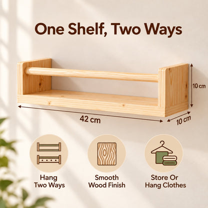 Two-Way Wooden Wall Shelf and Clothes Rail, Natural