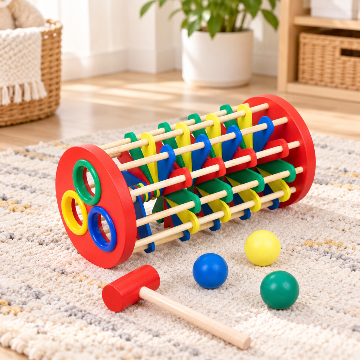 Wooden Tap and Roll Ball Tower with Hammer, Rainbow