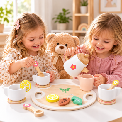 Wooden Tea Party Pretend Play Set with Cups, Tray and Desserts