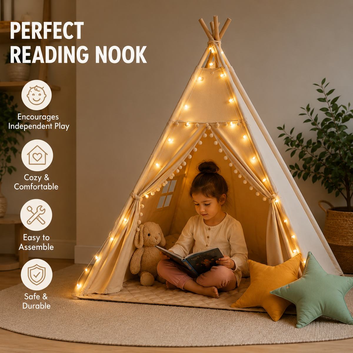 Kids Teepee Tent with Padded Mat and Pom Pom Trim, Beige