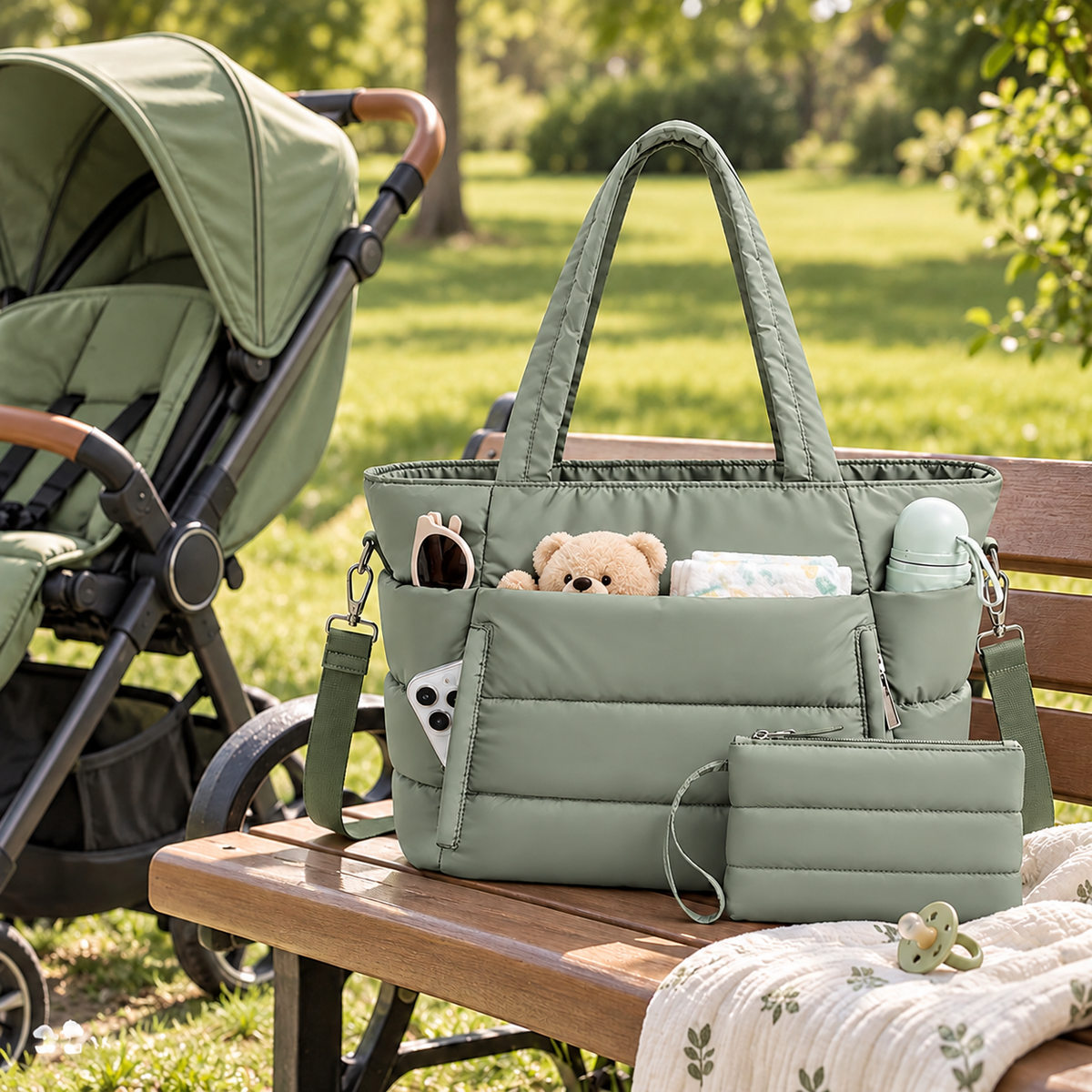 Quilted Cotton Nappy Tote with Pouch, Sage