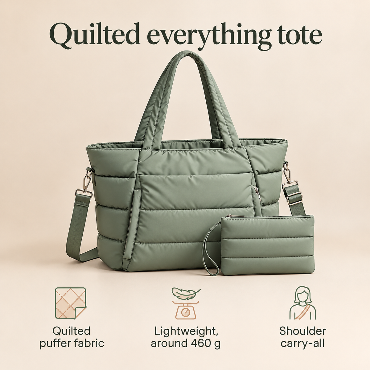 Quilted Cotton Nappy Tote with Pouch, Sage