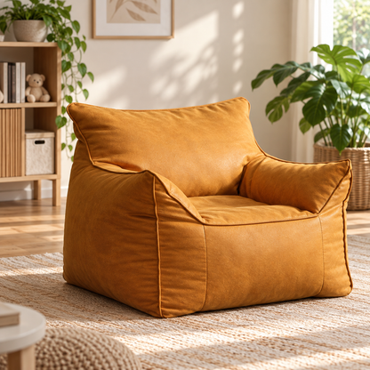 Kids Bean Bag Lounger Cover in Faux Leather, Mustard