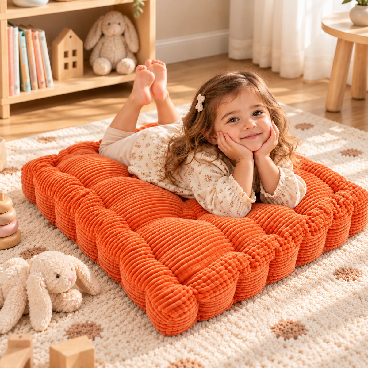 Tufted Corduroy Floor Cushion for Kids, Filled – 60 cm, Orange