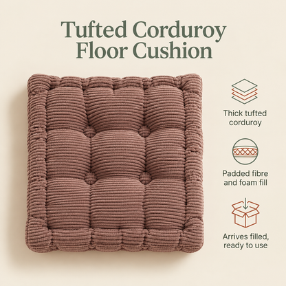 Tufted Corduroy Floor Cushion, Brown – 60 cm