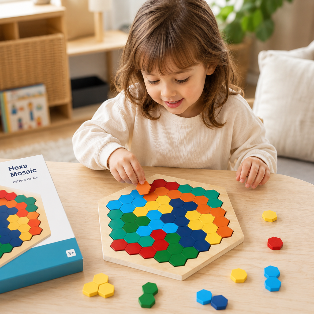 Wooden Hexagon Pattern Puzzle with Pattern Cards