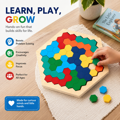 Wooden Hexagon Pattern Puzzle with Pattern Cards