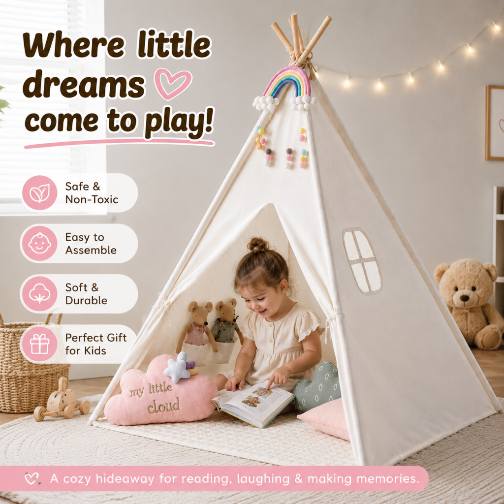 Cotton Canvas Kids Teepee Play Tent with Padded Mat, Cream White
