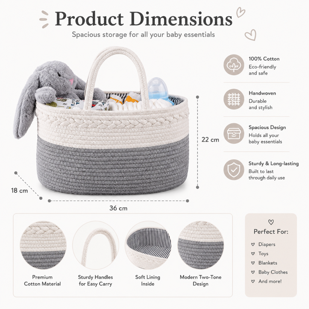 Fabric Nappy Caddy Organizer with Carry Handles, Gray