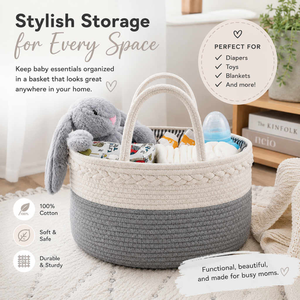 Fabric Nappy Caddy Organizer with Carry Handles, Gray