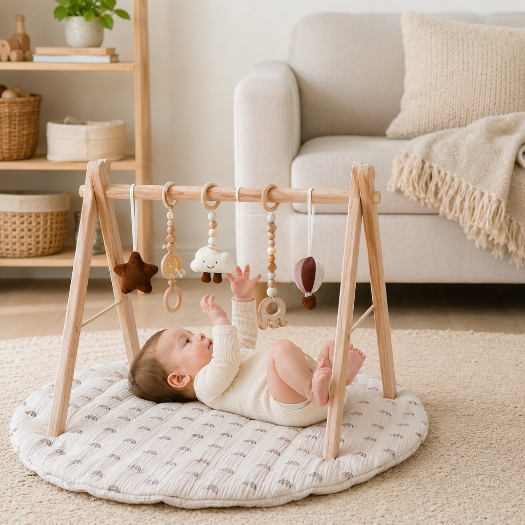 Wooden Baby Play Gym with Rainbow Activity Mat and Hanging Toys