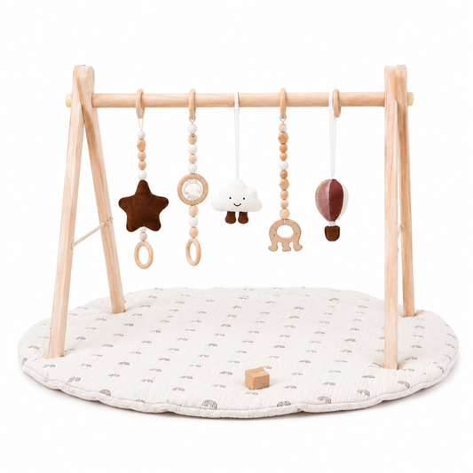 Wooden Baby Play Gym with Rainbow Activity Mat and Hanging Toys