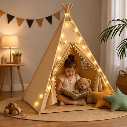 Kids Teepee Tent with Padded Mat and Pom Pom Trim, Beige
