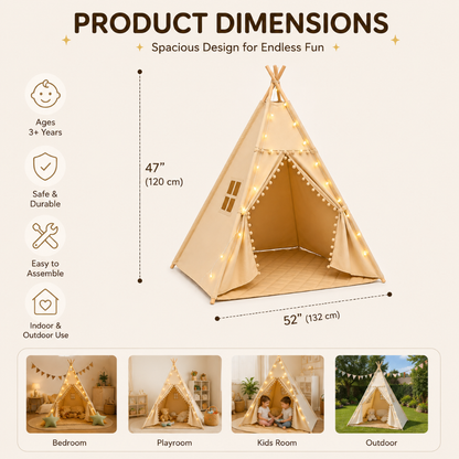 Kids Teepee Tent with Padded Mat and Pom Pom Trim, Beige
