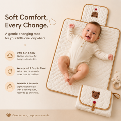 Foldable Baby Changing Mat Clutch with Storage Pockets, Bear Design